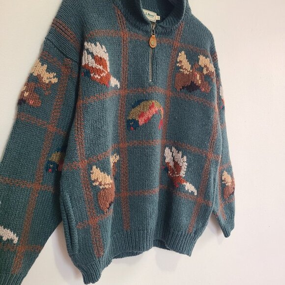 Vintage L.L.Bean 90s Animal Pattern Half-Zip Sweater Knit Size L Green - Picture 3 of 9